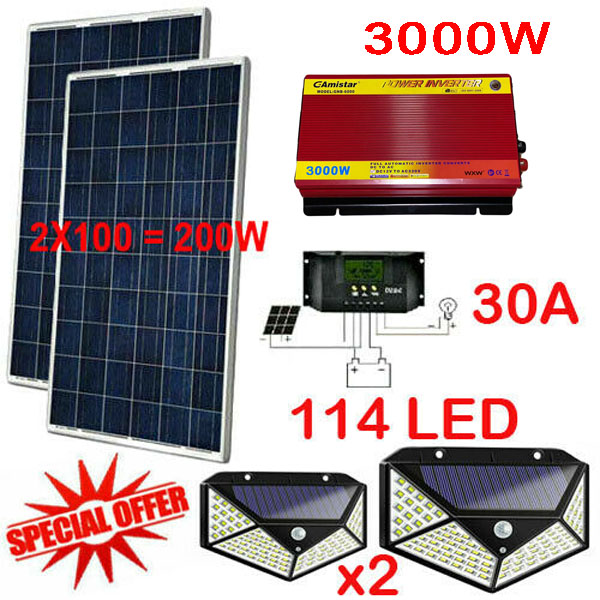 Eteslot Emergencys Kit di Alimentazione, Kit Fotovoltaico, Pannello Solare  con Accumulatore, 300W Power Inverter con 2 Porte USB, 30A Regolatore di